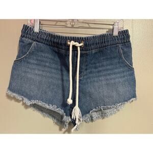 Roxy Denim Drawstring Shorts Frayed Hem Elastic Waist Size S